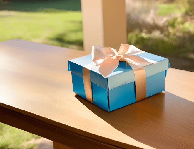 A vibrant gift box adorned with a satin blue ribbon, nestled on a polished oak table under the soft glow of afternoon sunlight.