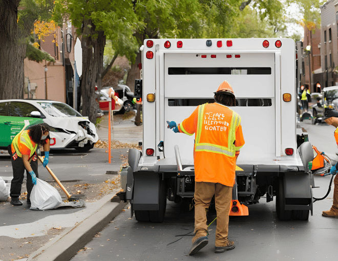 Electric tow trucks quietly navigate streets, alongside volunteers cleaning up litter. 