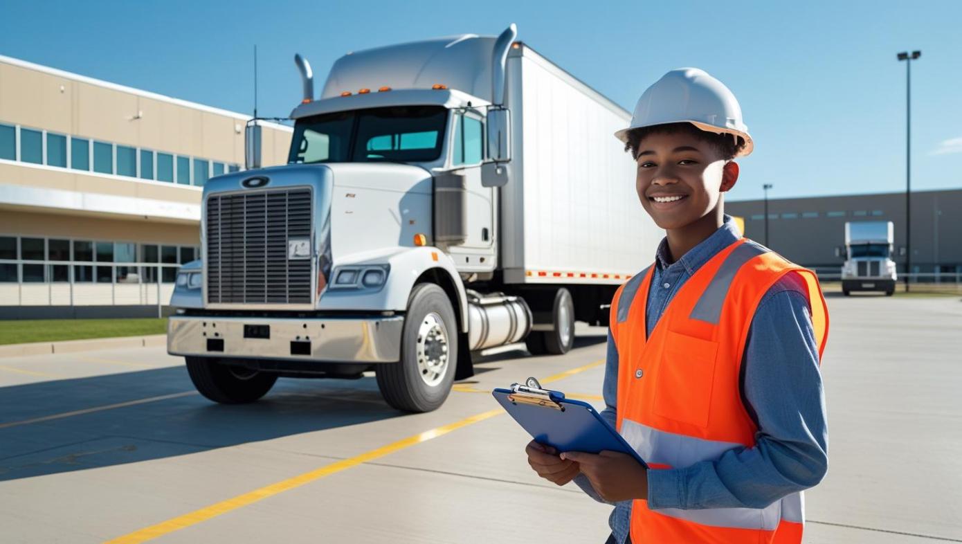 High school student in vest near semi-truck at vocational driving school lot.