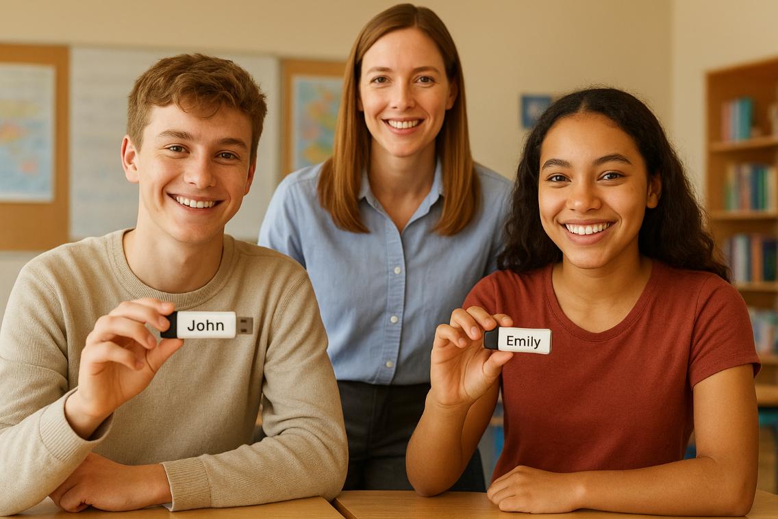 Smiling students holding personalized USB sticks in a bright, cheerful classroom setting.