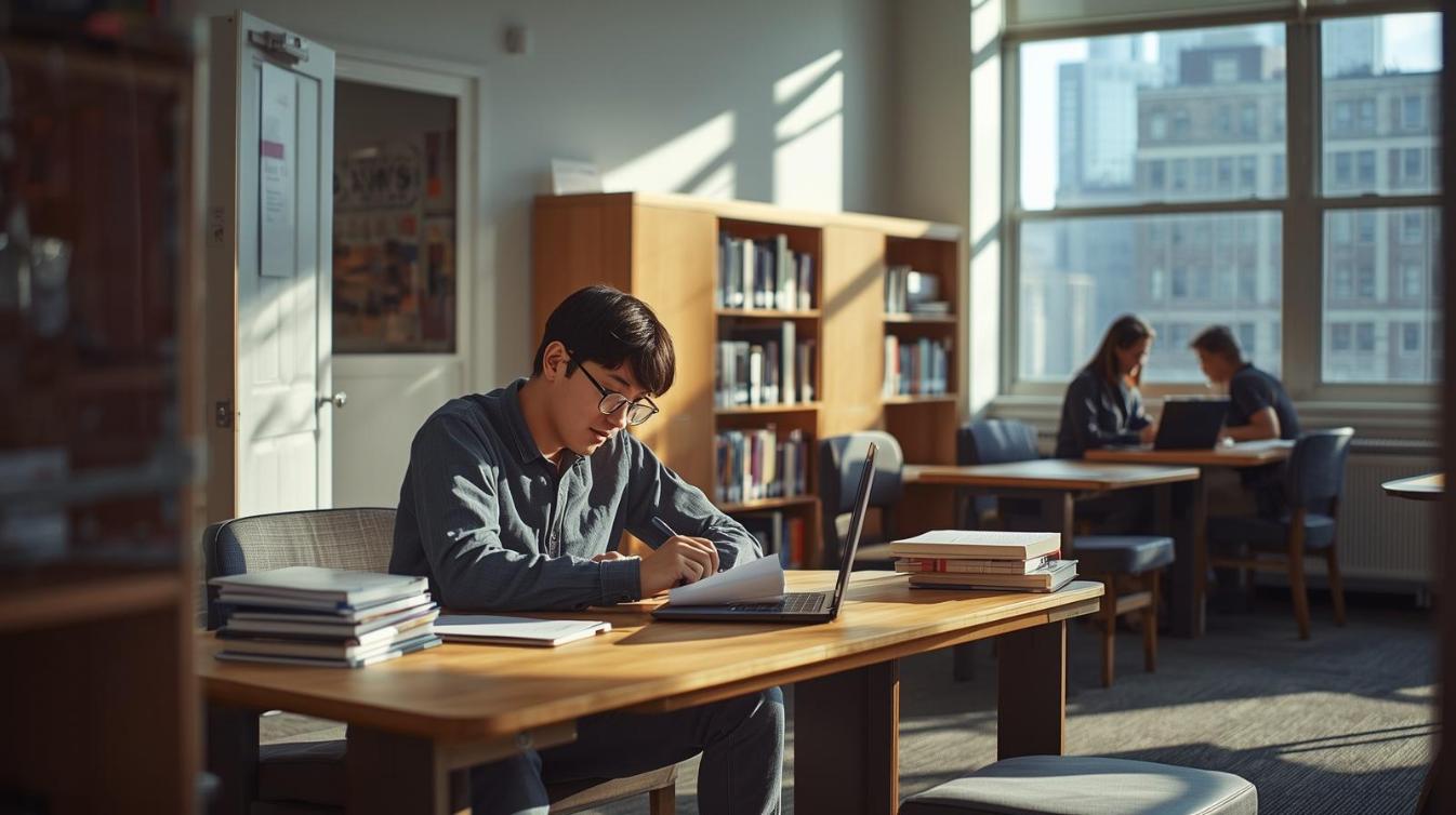 Student studies peacefully inside clean campus housing filled with warm morning sunlight.