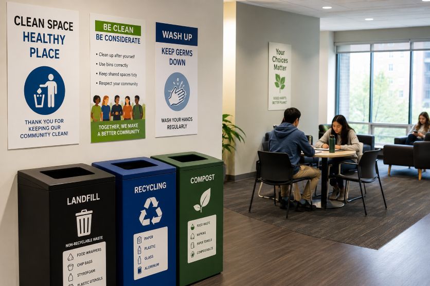 College dormitory common area with cleanliness awareness posters and organized waste disposal stations