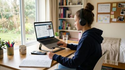 A modern student studying GCSE mathematics from home through an online video tutoring session, laptop showing a virtual mathematics lesson with graphs and equations, notebook and calculator on the desk